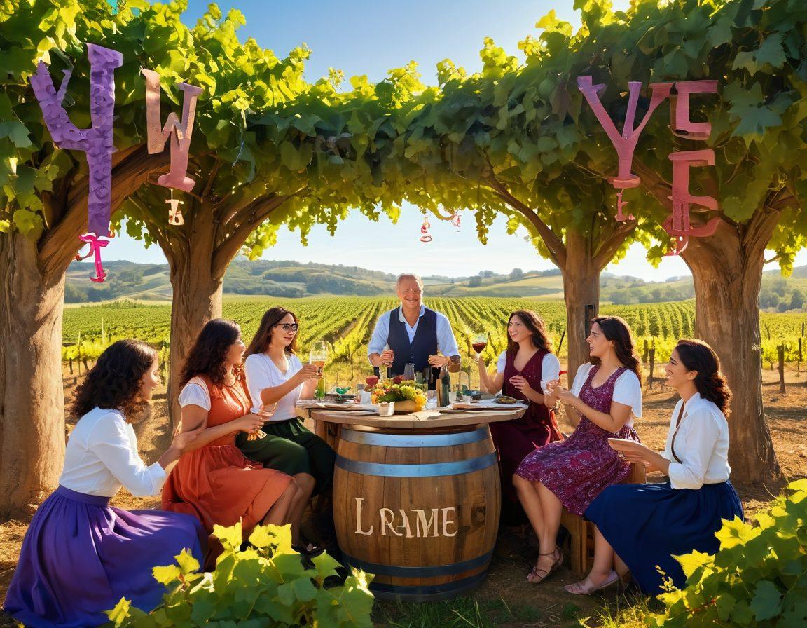 A whimsical vineyard scene showcasing a diverse group of joyful people tasting wine amidst lush grapevines, surrounded by playful letters and words swirling in the air, symbolizing language learning. The sunlight casts a warm glow over the scene, enriching the colors of the grapes and wine glasses. Include elements like language books and huge wine barrels in the background. vibrant colors. 3D. artistic flair.