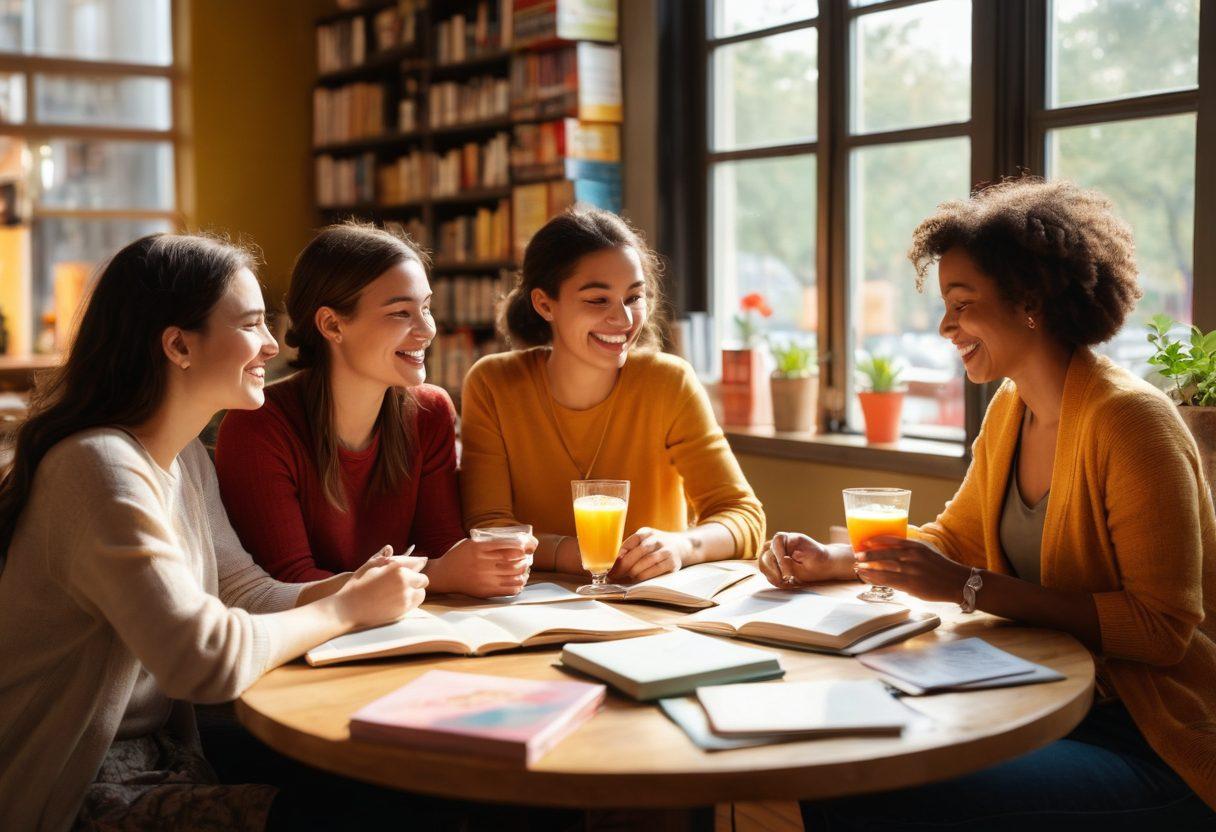A warm, inviting café scene where a diverse group of people, engaged in joyful conversations, sip on colorful beverages while surrounded by open books and language flashcards. Sunlight streams through the windows, casting a soft glow on their faces, symbolizing enlightenment through language. Include inspiring quotes and language symbols subtly incorporated into the decor. The overall atmosphere should evoke enthusiasm and connection, showcasing joy in language learning. super-realistic. vibrant colors. cozy ambiance.
