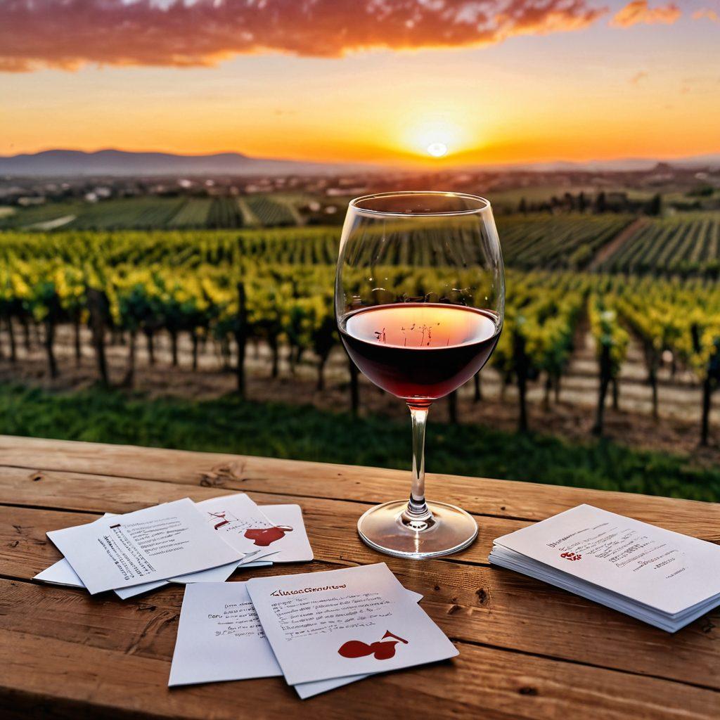 An elegant wine glass filled with a deep red wine resting on a wooden table, surrounded by scattered language flashcards featuring different languages. A backdrop of vineyards under a sunset sky sets a warm tone. A smiling person takes a sip, embodying the joy of wine tasting while studying. Elements of joy and learning blended together in the ambiance. super-realistic. warm colors. vibrant details.